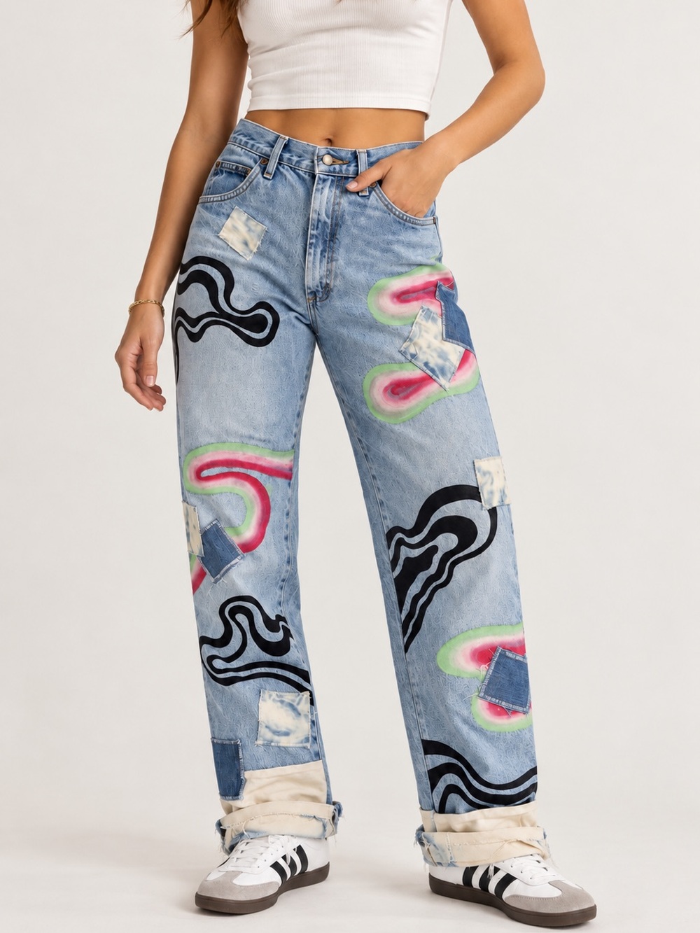 Wrangler Reworked Light Wash Straight Leg Graffiti Patchwork Jeans